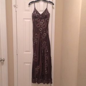 Brown lace and beaded gown. Flattering high slit- (25 inches tall)
